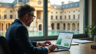 Consultant SEO local analysant les performances d'une agence web à Vichy depuis son bureau, avec les thermes de la ville visibles en arrière-plan