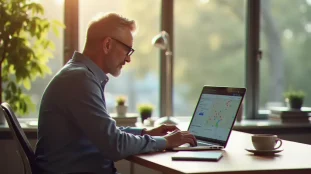 Un consultant SEO analysant les données de positionnement local pour des entreprises de Moulins sur son ordinateur portable dans un bureau lumineux
