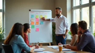 Un manager expliquant des objectifs de motivation à son équipe dans un bureau moderne lumineux, illustrant la définition concrète de motiver en entreprise
