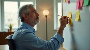 Un professionnel d'âge mûr en séance de coaching PNL dans un bureau lumineux, illustrant le lien entre PNL et âge dans un contexte professionnel
