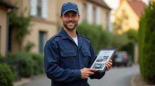 Électricien professionnel tenant une tablette affichant un site internet électricien à Vichy, devant une maison bourgeoise de l'agglomération vichyssoise